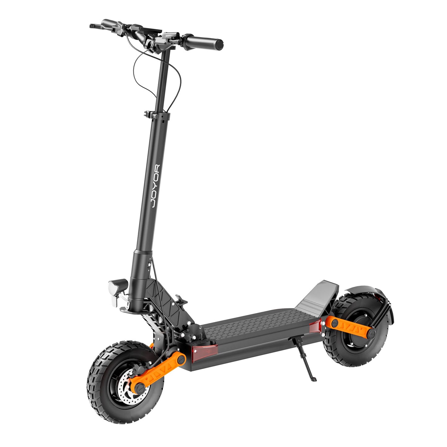 Detalle del doble motor de 1000W del scooter eléctrico Joyor S10-S, máxima potencia para subidas y trayectos largos.
